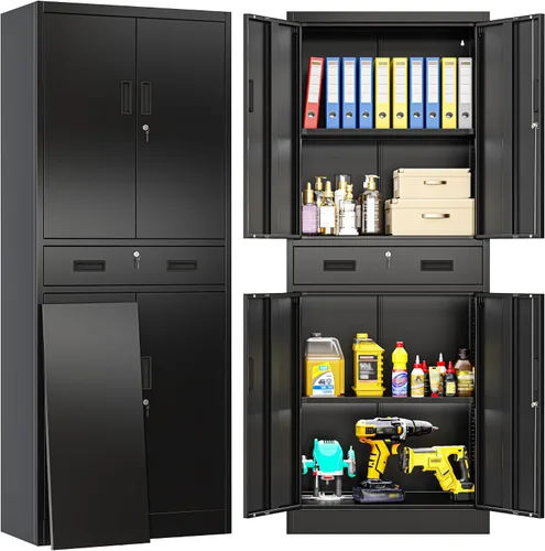 Miniatura 11 de BESFUR Armarios de almacenamiento de metal con estantes y puertas, armario de almacenamiento con cerradura de 36" de altura para oficina en casa