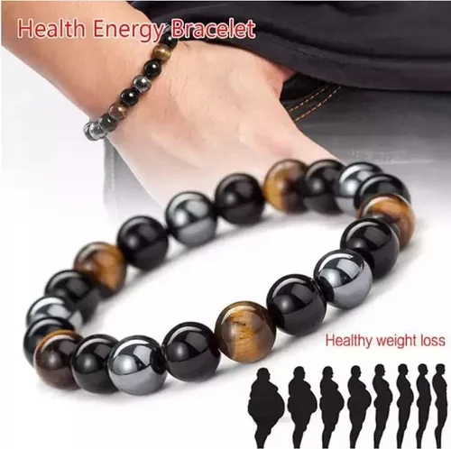 Miniatura 4 de InfinityAK - Pulsera elástica con cuentas de hematita y ojo de tigre de obsidiana negra