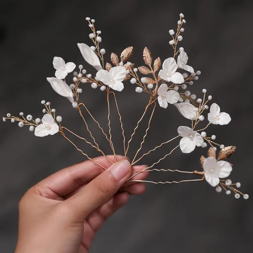 Horquillas de perlas con cuentas, 6 piezas, tocado de novia hecho a mano, flor 3D en forma de uña, hada, novia, piezas de cabello para boda, hoja en