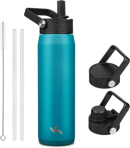 Miniatura 14 de Konokyo - Botella de agua aislada de 18 onzas, botellas deportivas de acero inoxidable con 3 tapas, verde militar