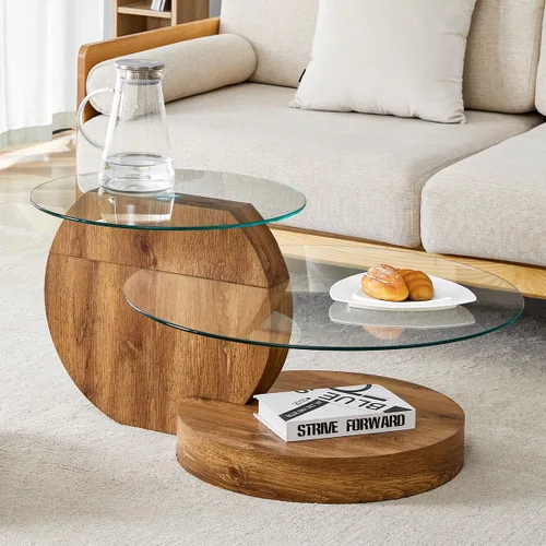 Miniatura 9 de Mesa de café de 35" de vidrio ｜ Mesa de café redonda ｜ Diseño de 3 niveles con superficie de vidrio templado ｜ Base de madera en color negro