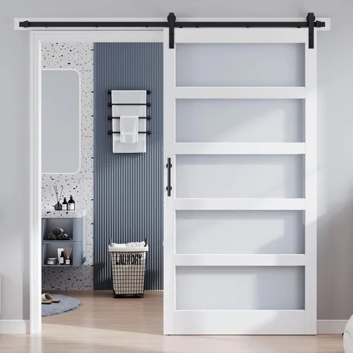Miniatura 15 de Losa para puerta corrediza de granero de vidrio de 28 x 84 pulgadas y kit de herrajes de 5 pies incluido, 5 vidrios esmerilados, panel de madera LVL