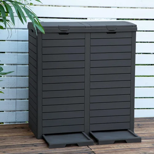 DWVO Cubo de basura grande de resina para exteriores, cubos de basura clasificados de 76 galones con doble tapa y bandejas de goteo para porche,