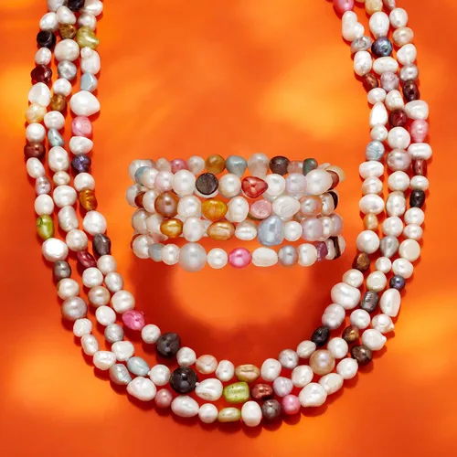 Miniatura 6 de Ross-Simons Conjunto de joyas de perlas barrocas cultivadas multicolor de 0.157-0.315 in 4 pulseras y collar. 64 pulgadas, Perla