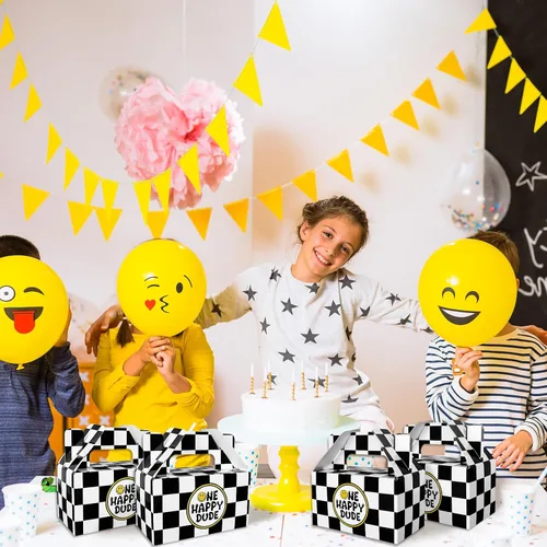 Miniatura 6 de Whaline 24 cajas de regalo de fiesta con texto en inglés «One Happy Dude», diseño clásico de tablero de ajedrez, cara sonriente, caja a dos aguas