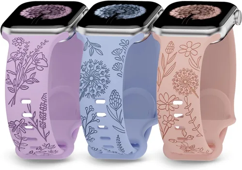 Paquete de 3 correas grabadas con flores compatibles con Apple Watch de 1.496 pulgadas, 1.575 pulgadas, 1.614 pulgadas, 1.654 pulgadas, 1.732