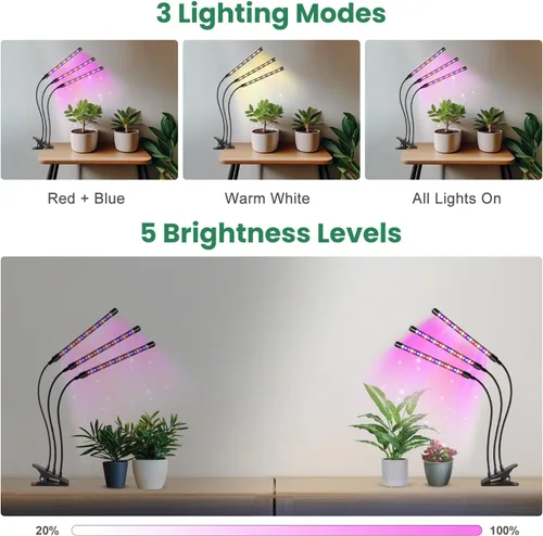 Miniatura 5 de Garpsen Luces para Plantas, Luces de Crecimiento de 3 Cabezas Rojo Azul Blanco Cálido Espectro Completo para Plantas de Interior, Luz de Crecimiento