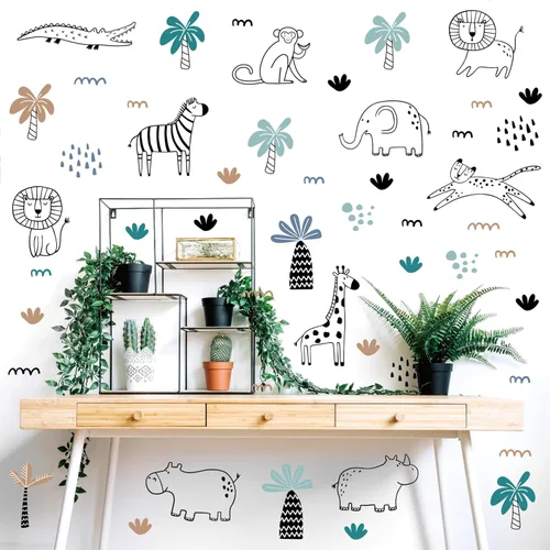 Miniatura 5 de AOWDIAO - Adhesivos de pared de vida silvestre de safari, diseño de línea artística, para despegar y pegar, decoración para habitación infantil