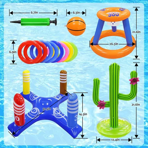 Miniatura 2 de Juego de juguetes de piscina, aro de baloncesto inflable para piscina, juego de lanzamiento de anillos cruzados y cactus inflables para niños