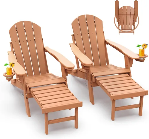 Miniatura 31 de GREENVINES Sillas Adirondack con Otomano Juego de 2 Grano de Madera Plegable Reposapiés Retráctil Plástico HDPE Silla para Hoguera Todo