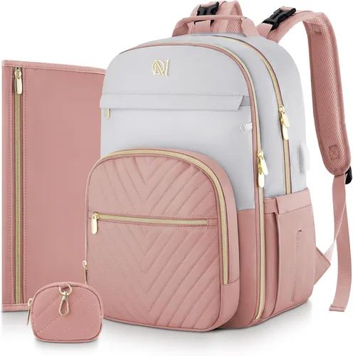 Miniatura 10 de MOMUVO Mochila para pañales, bolsa de bebé acolchada con cambiador, correas para cochecito y funda para chupete, bolsas de pañales de viaje grandes