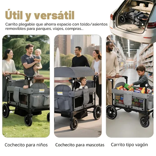 Miniatura 2 de TODEFULL Cochecito Wagon para 2 niños, carrito plegable para niños con arneses, mango doble ajustable de empuje, toldo extraíble, bandeja para Gris