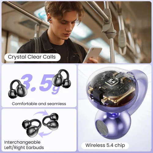 Miniatura 6 de Auriculares inalámbricos con clip Bluetooth 5.4 de oreja abierta, reproducción de 50 horas, deportivos sobre la oreja, cómodos para orejas pequeñas