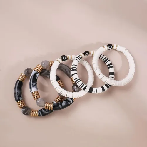 Miniatura 5 de Joya Love Brazalete de cuentas de verano con cara sonriente, ojo malvado, de bambú, acrílico, arcilla Heishi, pulseras de cuentas para mujer