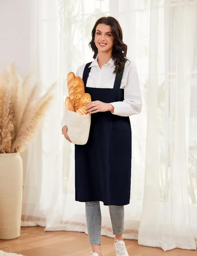 Miniatura 6 de Schine Pinafore de algodón con espalda cruzada para mujer, con bolsillos grandes, prácticos delantales para trabajos de jardinería, cocina, marino