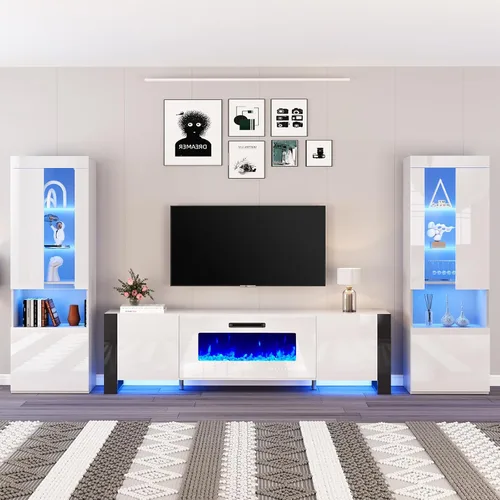 Miniatura 9 de AMERLIFE Moderno soporte de TV con chimenea de 70 pulgadas con chimenea eléctrica de 36 pulgadas y 2 estanterías LED de almacenamiento grandes, Todo