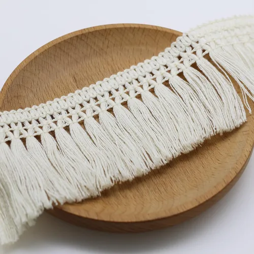 Miniatura 4 de Yalulu Cinta de algodón con borlas de algodón de 10 yardas, 2.36 pulgadas, costura de macramé bohemio para ropa, cortina, almohada, alfombra, Beige