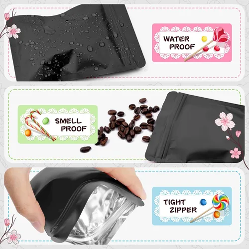 Miniatura 5 de FUNFERY 100 paquete de bolsas de embalaje de Mylar negras, bolsas resellables de doble cara, bolsas de cierre hermético a prueba de olores, bolsas