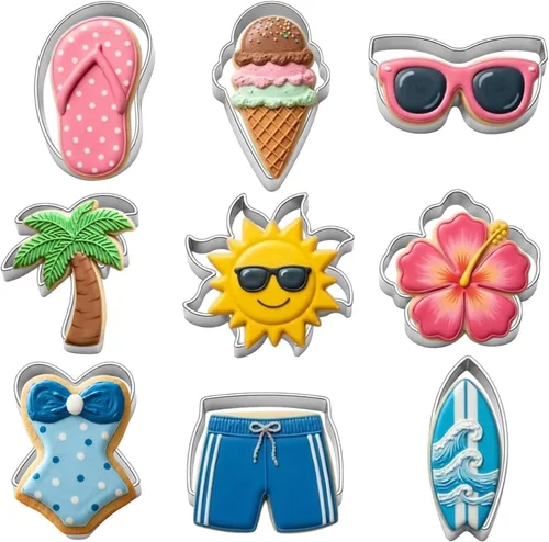 LUBTOSMN - Juego de cortadores de galletas de verano de 9 piezas, apto para lavavajillas | Stainless steel summer cutters for cookies, fondant,