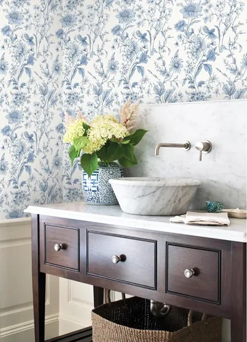 Miniatura 6 de Vinjiasin Papel tapiz autoadhesivo para despegar y pegar, papel de contacto floral azul moderno, papel de pared de loto para baño, dormitorio