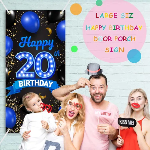 Miniatura 5 de Cartel de fondo azul y negro de feliz cumpleaños número 20, decoración temática de globos de confeti para niñas y mujeres de 20 años, decoraciones