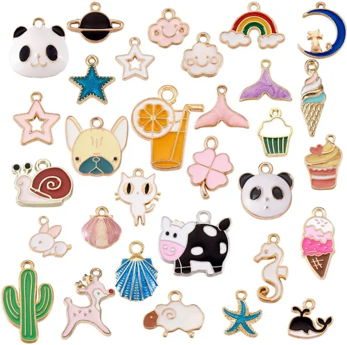 Craftdady Encantos colgantes esmaltados con dijes de alimentos, animales, flores, encantos bonitos, dijes de frutas de metal colorido, ornamento