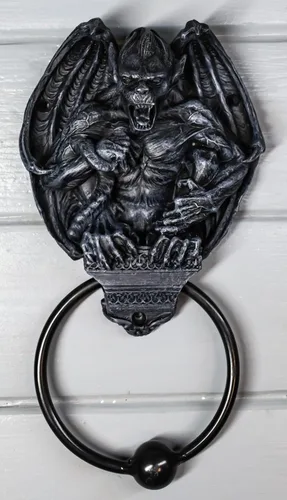Miniatura 2 de Ebros Gift Aldaba de puerta con cabeza de gárgola de guardián gótico con anillo de metal, escultura de bola de golpeo, espíritu de Halloween, acento