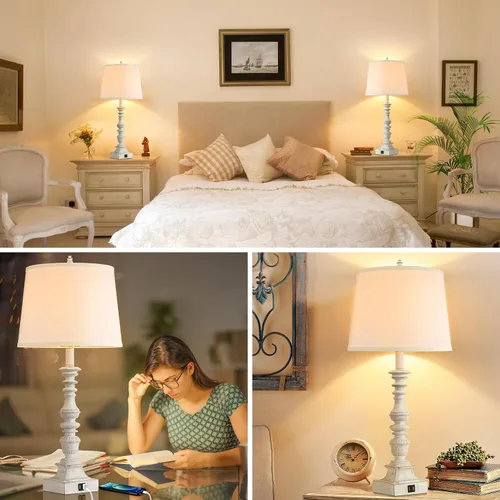 Miniatura 7 de Juego de 2 lámparas de mesa de granja de 27.5 pulgadas, lámparas rústicas de dormitorio para mesita de noche con carga USB doble, lámparas