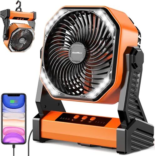 Miniatura 9 de Ventilador de camping de 20000 mAh, recargable, funciona con batería con gancho giratorio de 360°, luz de 400 lúmenes, pivote de 270°, 4
