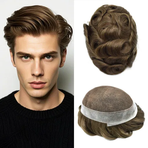 Miniatura 39 de Toupee para hombres Sistema de reemplazo de cabello humano real pieza de cabello humano para hombres encaje suizo para hombre Toupee Hair Pieces