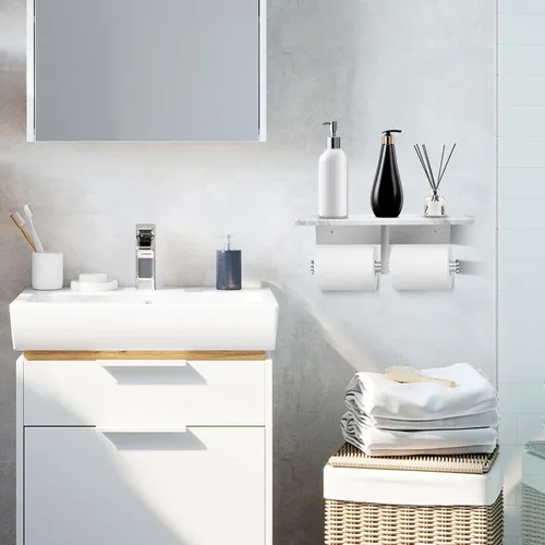Miniatura 7 de Soporte de papel higiénico con estante, soporte de pared doble para papel higiénico y 2 ganchos adhesivos gratuitos para baño, baño, soporte