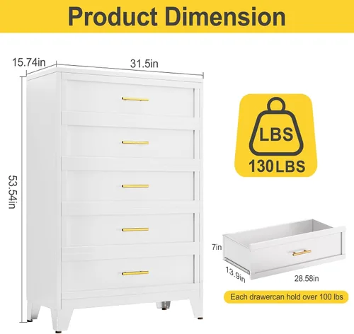 Miniatura 2 de Cómoda de Metal Alta de 53.54 Pulgadas para Dormitorio, Cómodas de Armario Blancas de 5 Cajones, Unidad Organizadora de Almacenamiento Moderna