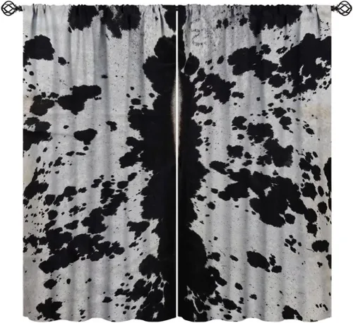 Cortinas de piel de vaca lechera, piel de vaca rústica, piel de ganado occidental, color negro y blanco, con estampado de piel de animal real,