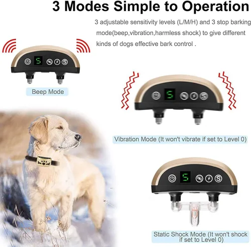 Miniatura 3 de Collar antiladridos para perro, 7 niveles ajustables de sensibilidad e intensidad, doble modo antiladridos recargable, impermeable, reflectante, sin