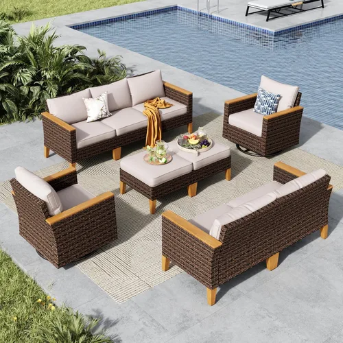 Miniatura 29 de MFSTUDIO Juego de 2 muebles de ratán para patio, sofá biplaza de mimbre para exteriores, juego de conversación para jardín, piscina, patio trasero