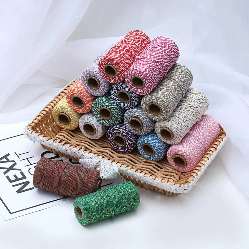 Miniatura 3 de AKOAK Cordel para panaderos, 1 rollo de cuerda de algodón de 109 yardas para envolver regalos, manualidades y decoración (verde + dorado)