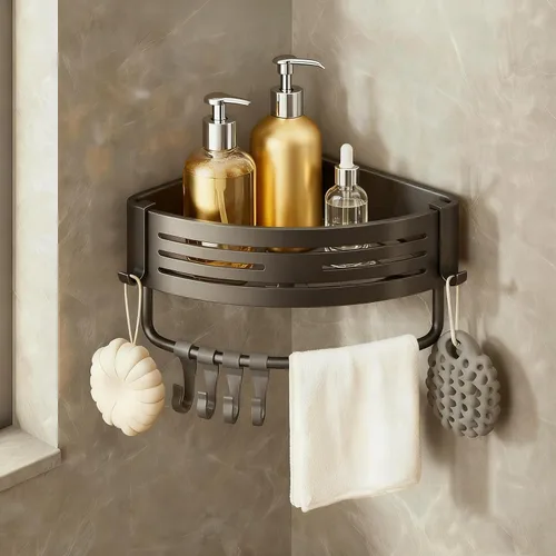Miniatura 2 de Organizador de ducha esquinero de aluminio inoxidable, estante triangular a presión para instalar con ganchos, organizador de ducha de baño