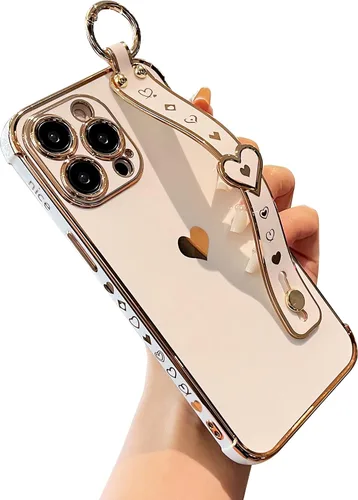 Miniatura 14 de DEFBSC Funda compatible con iPhone 15, con borde galvanizado, diseño de corazón con correa para la muñeca, protección completa de la cámara