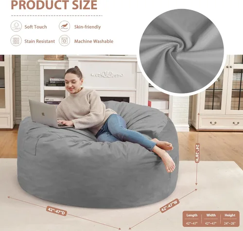 Miniatura 344 de Puf de 5 pies, puf grande con relleno de espuma viscoelástica, sofá puff esponjoso con funda de terciopelo holandés, puf redondo para sala de estar