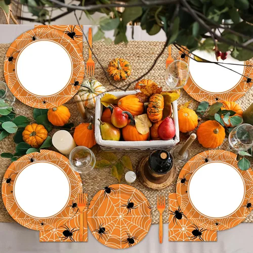 Miniatura 6 de 100 Piezas Platos y Servilletas de Fiesta de Telaraña - Juego de Vajilla de Halloween en Blanco y Negro para 25 Invitados