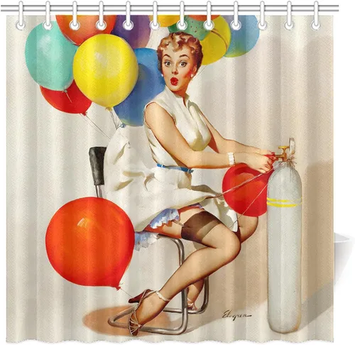 Miniatura 8 de FUNNY KIDS' HOME Cortinas de ducha retro con pin up para baño, pintura al óleo, arte de lienzo, decoración de baño, sexy dama bañándose