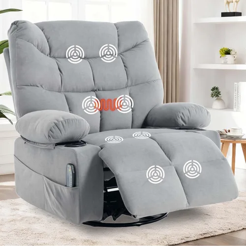 Miniatura 13 de KCQ Silla reclinable giratoria de gran tamaño con portavasos de calor para masaje, sillas reclinables de tela con relleno para guardería, mecedora