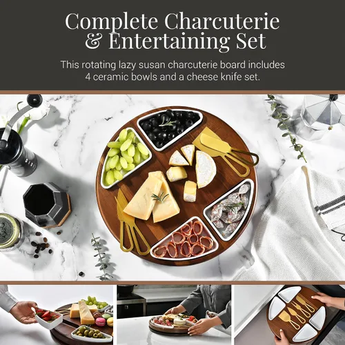 Miniatura 4 de Shanik Juego Mejorado de Tabla Giratoria Lazy Susan para Cortar Queso - Tabla Redonda de Acacia para Charcutería con 4 Tazones de Cerámica - Regalos