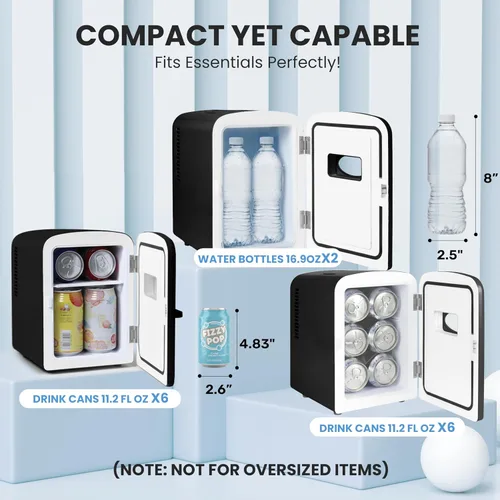 Miniatura 9 de HealSmart Mini refrigerador de 4 litros con ventana de observación, capacidad para 6 latas, enfriador y calentador portátil sin freón y portátil