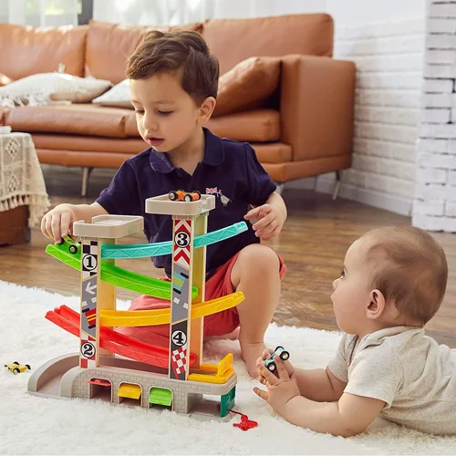 Miniatura 2 de TOP BRIGHT Juguete de rampa de coche para regalos de niños de 2 a 3 años, juguete de pista de carreras para niños de 18 meses con 4 autos de madera