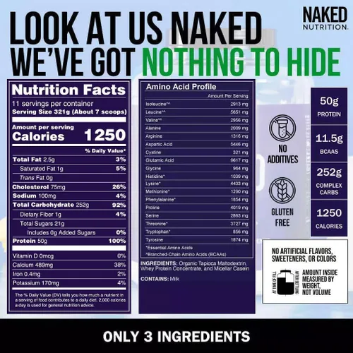Miniatura 5 de Polvo de proteína natural para ganar masa muscular Naked Mass, 8 libras a granel, sin OMG, sin gluten, sin soya Sin Ingredientes Artificiales, 1250