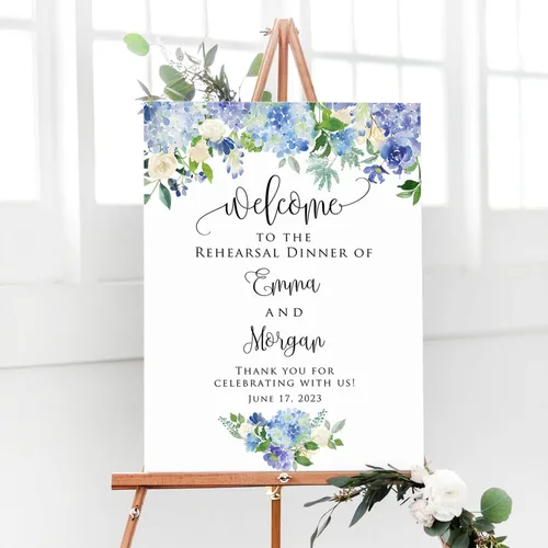 Cartel de bienvenida de boda floral azul claro personalizado, cena de ensayo para parejas, ducha, aniversario, fiesta, póster de bienvenida, lienzo