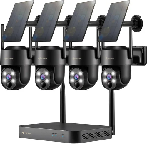 Sistema de cámaras de seguridad solar Kittyhok negro inalámbrico para exteriores, WiFi 5G/2.4G, 4 piezas de cámara de seguridad solar para el hogar