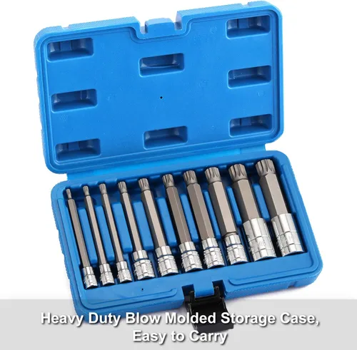 Miniatura 5 de CASOMAN Juego de 10 llaves de punta estriada, tipo M, acero S2 y Cr-V, extralargo de 4 pulgadas de longitud, M4-M18, XZN Triple Square Spline Bit Set