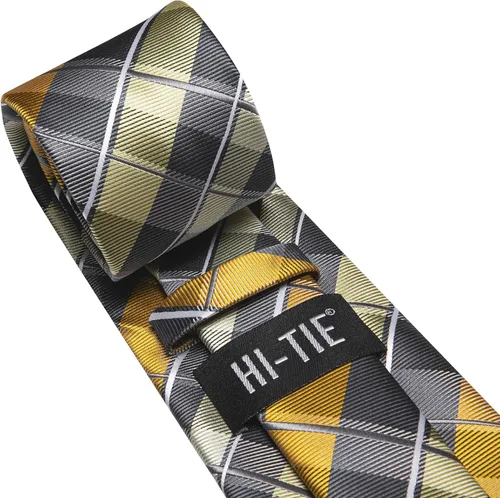 Miniatura 52 de Hi-Tie Corbata clásica de cachemira para hombre con pañuelo y gemelos a cuadros